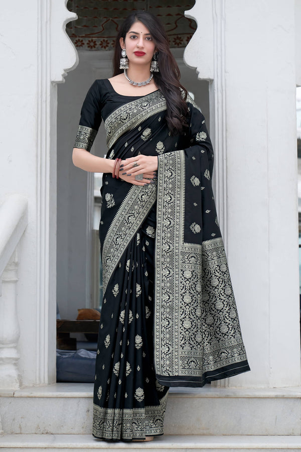 Black Flower Soft Lichi Silk Saree with Rich Pallu and Jacquard Pattern - Perfect for Elegant Statements