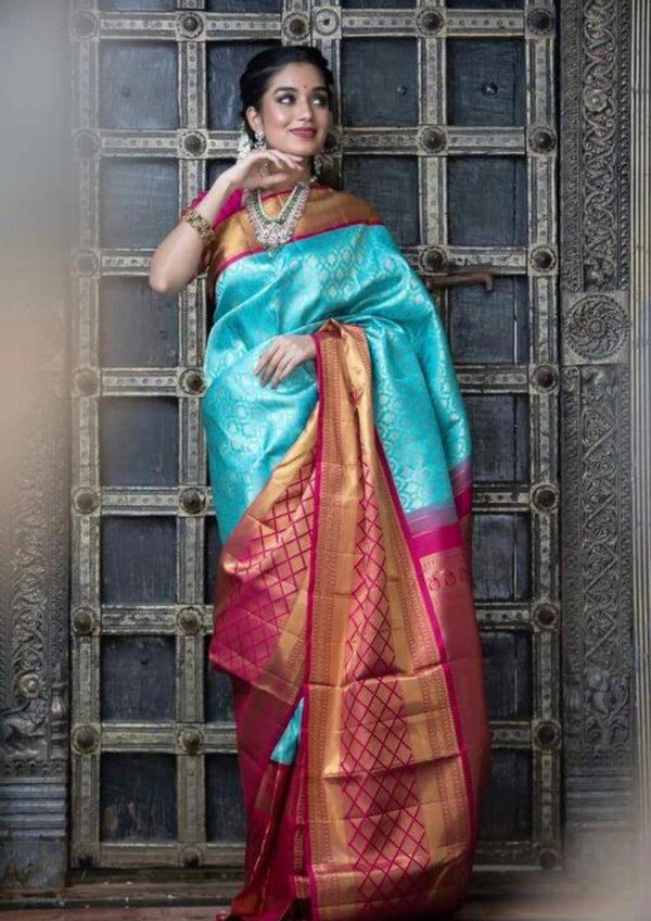 Golden Zari Weaving Jacquard Saree with Rich Pallu – Soft Lichi Silk, 5.5 Meter