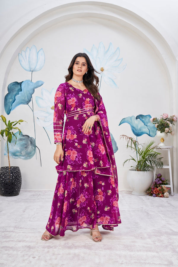 Elegant Purple Palazzo Suit with Floral Print and Gota Patti – Readymade Set