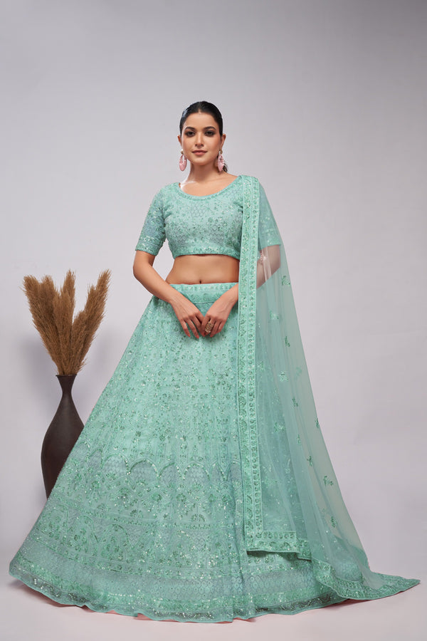 Stunning Sky Blue Bridal Lehenga with Pearl & Sequins Embroidery - Design No. KF-410-Sky Blue