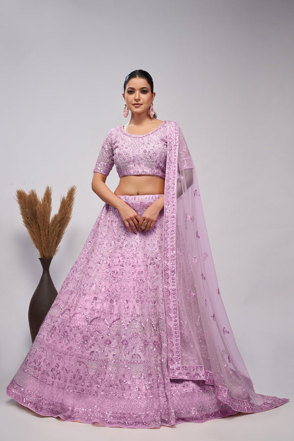 Stunning Sky Blue Bridal Lehenga with Pearl & Sequins Embroidery - Design No. KF-410-Pink