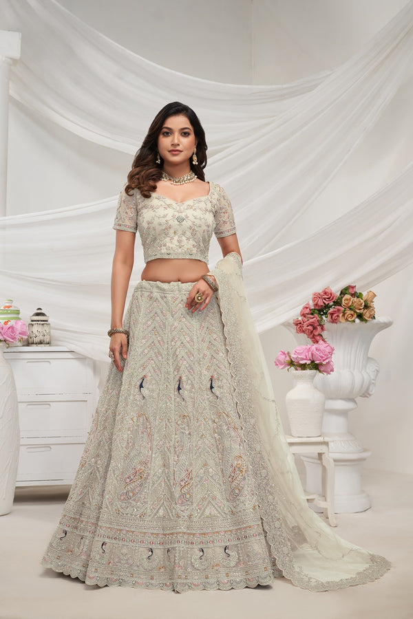 Premium Exquisite Peacock Embroidered Bridal Lehenga Set - Design No. KF-413-White