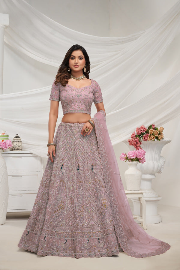 Premium Exquisite Peacock Embroidered Bridal Lehenga Set - Design No. KF-413-Pink