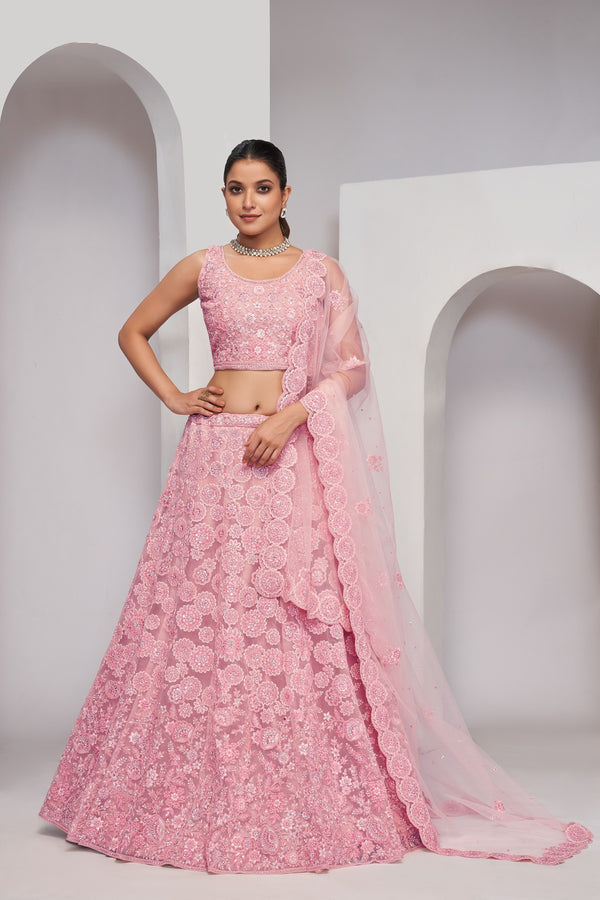 Elegant Pink Floral Thread & Sequins Work Lehenga Choli with Dupatta