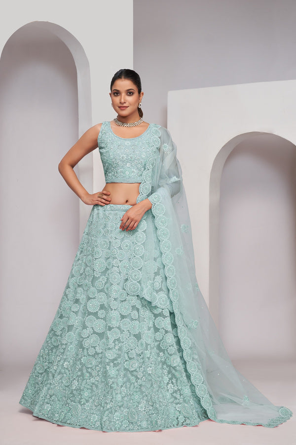 Elegant Sky Blue Floral Thread & Sequins Work Lehenga Choli with Dupatta