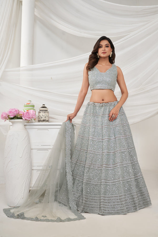 Elegant Grey Thread and Sequin Embellished Lehenga Choli Set - Design No. KF-418-Grey