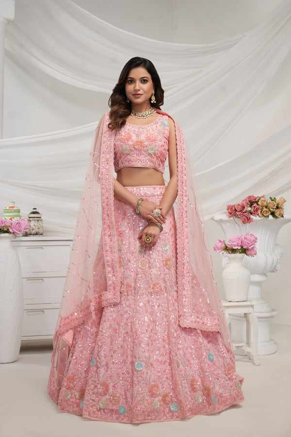 Rose Pink Symphony Lehenga with Elegant Floral Embroidery – Semi-Stitched