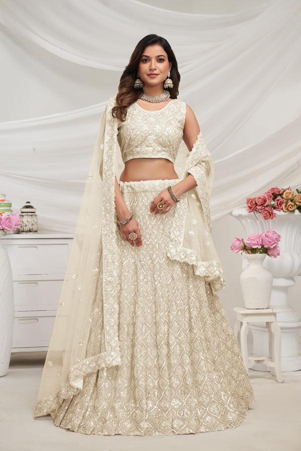 Celestial Bridal Lehenga with Diamond Sequins & Cut Daana Embroidery – Semi-Stitched-Ivory