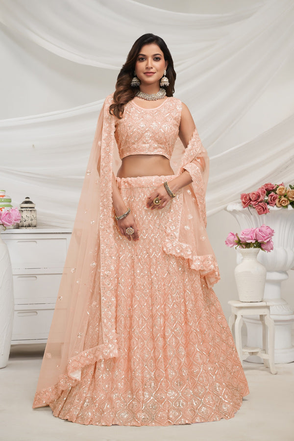 Celestial Bridal Lehenga with Diamond Sequins & Cut Daana Embroidery – Semi-Stitched-Peach