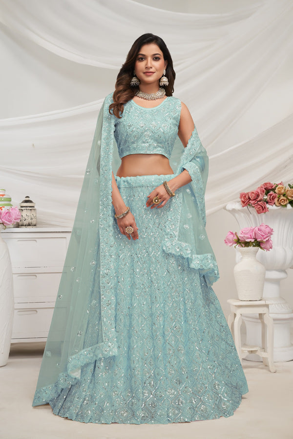 Celestial Bridal Lehenga with Diamond Sequins & Cut Daana Embroidery – Semi-Stitched-Sky