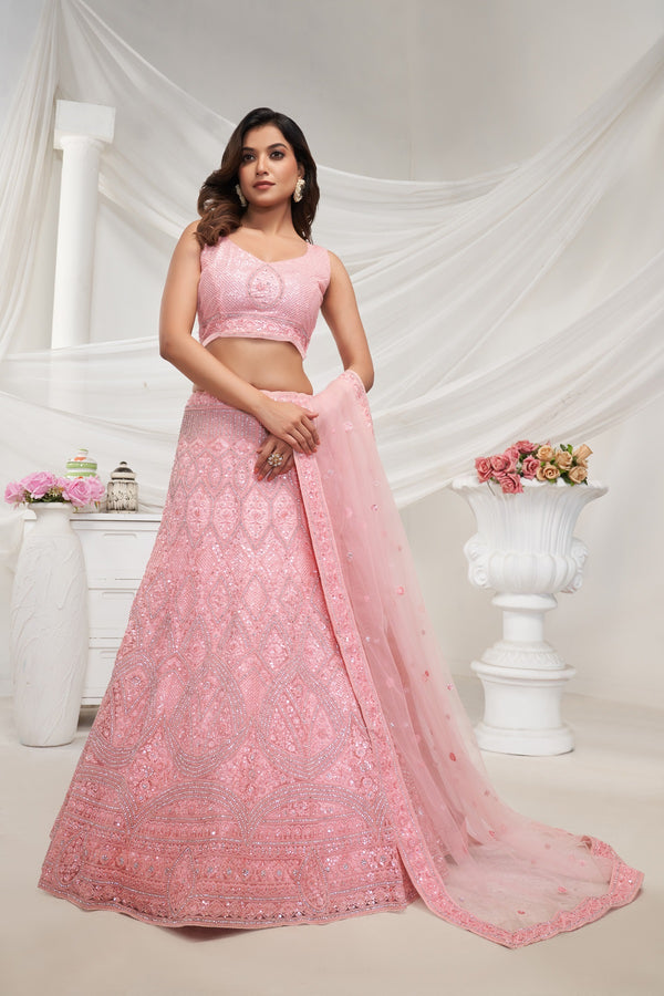 Premium Blush Pink Floral Art Nouveau Pattern Bridal Lehenga – Semi-Stitched