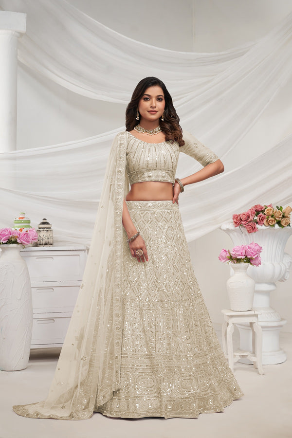 Premium Ivory Geometric Sequins & Cut Dana Embroidery Lehenga Choli – Semi-Stitched