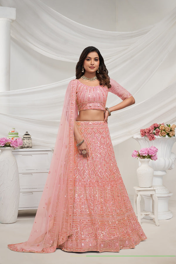 Premium Peach Geometric Sequins & Cut Dana Embroidery Lehenga Choli – Semi-Stitched