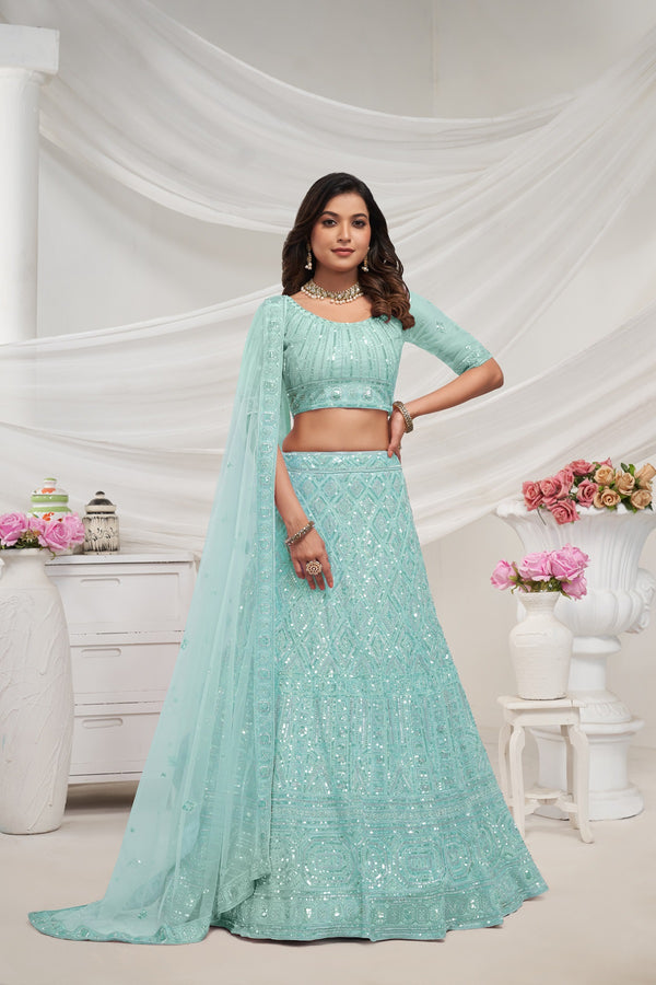 Premium Sky Geometric Sequins & Cut Dana Embroidery Lehenga Choli – Semi-Stitched