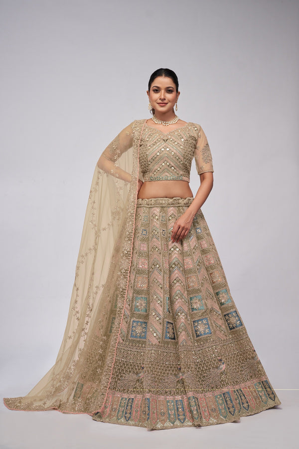 Golden Peacock & Paisley Motif Zari Embroidered Bridal Lehenga Choli