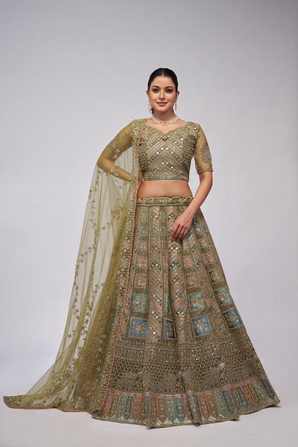 Green Peacock & Paisley Motif Zari Embroidered Bridal Lehenga Choli