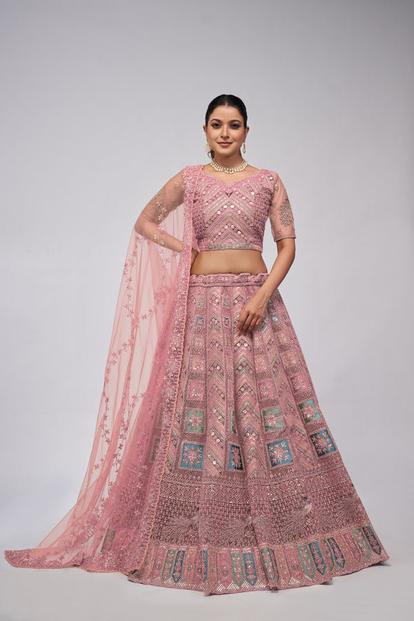 Mauve Peacock & Paisley Motif Zari Embroidered Bridal Lehenga Choli