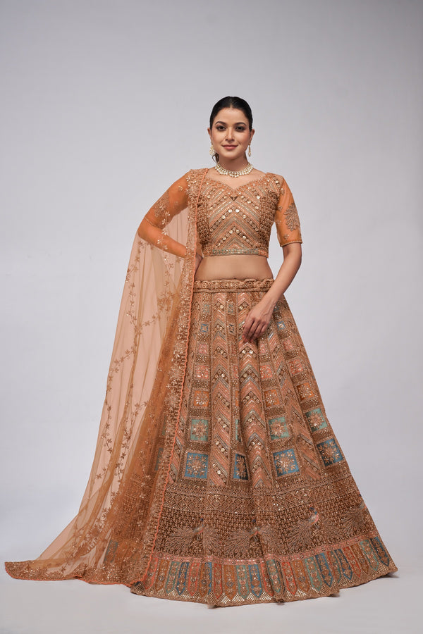 Rust Peacock & Paisley Motif Zari Embroidered Bridal Lehenga Choli