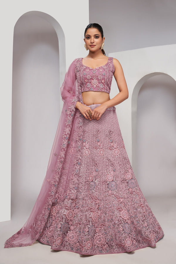 Premium Mystic Mauve Zari Embroidered Floral Lehenga – Elegant Bridal Lehenga Set - Design No. KF-462-Mauve