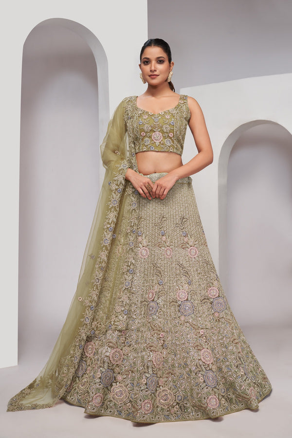 Premium Mystic Green Zari Embroidered Floral Lehenga – Elegant Bridal Lehenga Set - Design No. KF-462-Green