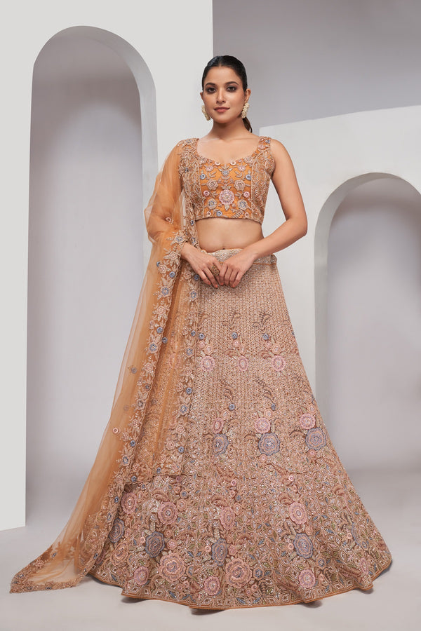 Premium Mystic Golden Zari Embroidered Floral Lehenga – Elegant Bridal Lehenga Set - Design No. KF-462-Golden