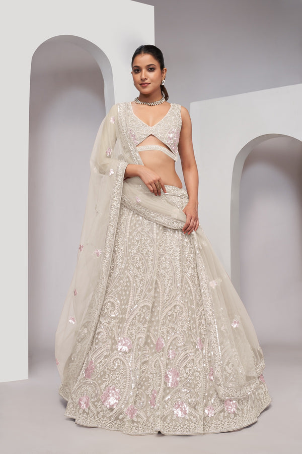 Imperial Paisley Pattern Designer Lehenga Set – Luxurious Bridal Sangeet Lehenga - Design No. KF-468-Ivory