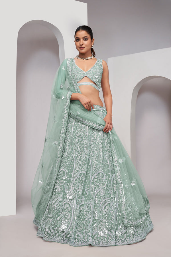 Imperial Paisley Pattern Designer Lehenga Set – Luxurious Bridal Sangeet Lehenga - Design No. KF-468-Sky Blue