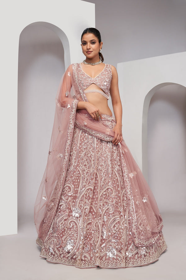 Imperial Paisley Pattern Designer Lehenga Set – Luxurious Bridal Sangeet Lehenga - Design No. KF-468-Chiku