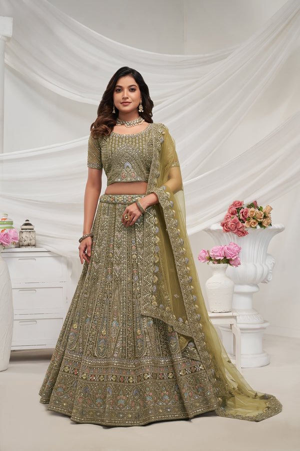 Green Bridal Lehenga Choli with Intricate Paisley Pattern, Sequins & Zari Work