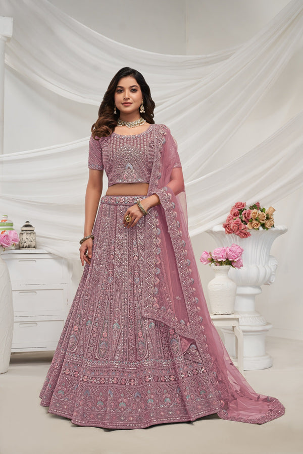 Mauve Bridal Lehenga Choli with Intricate Paisley Pattern, Sequins & Zari Work