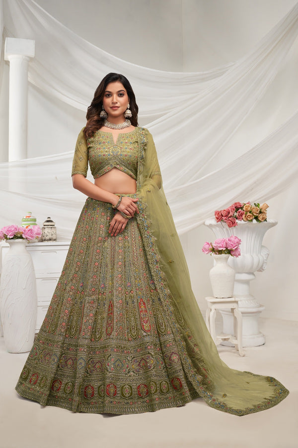 Green Semi-Stitched Lehenga Choli with Sequins & Zarkan Embroidery