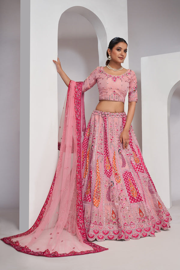 Premium Elegant Peacock & Paisley Motif Pink Silk Lehenga Choli - Design No. KF-484-Pink