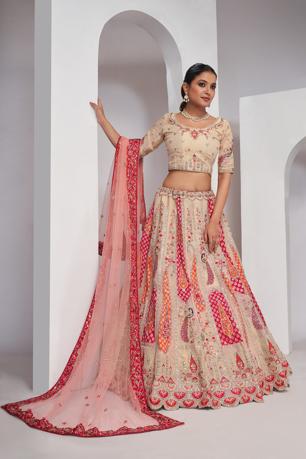 Premium Elegant Peacock & Paisley Motif Pink Silk Lehenga Choli - Design No. KF-484-Ivory