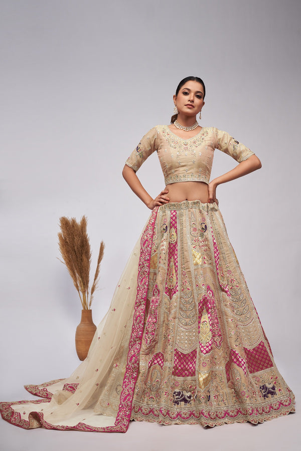 Ivory Organza Silk Lehenga Choli with Paisley Motifs & Embroidered Dupatta