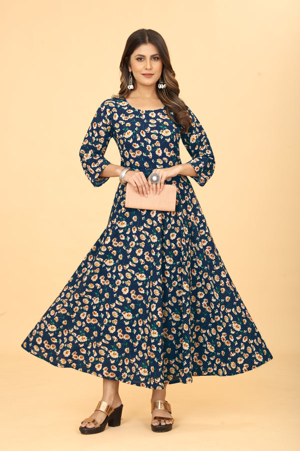 Navy Blue Heavy Georgette Floral Print Long Kurti for Women