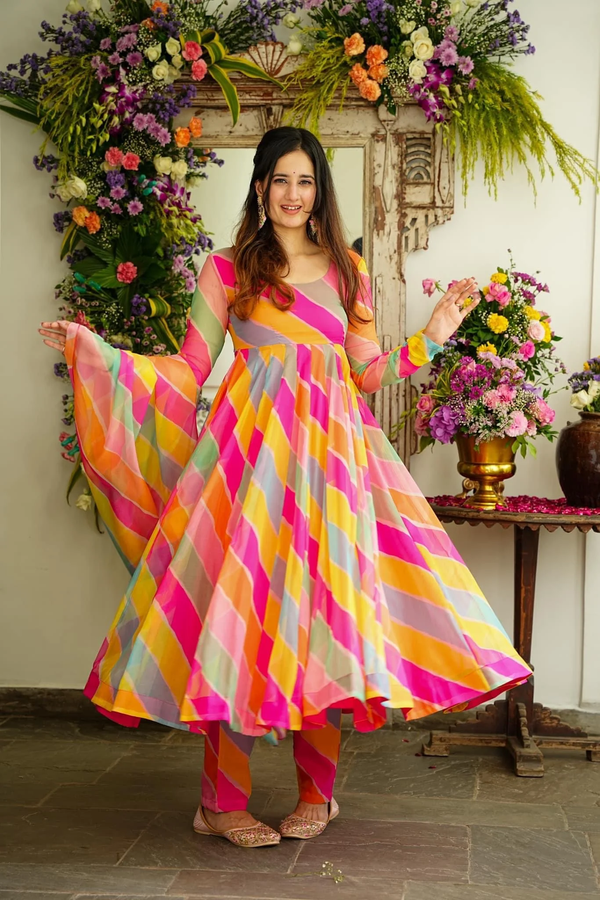 Multicolor Georgette Lahariya Gown with Dupatta for Women