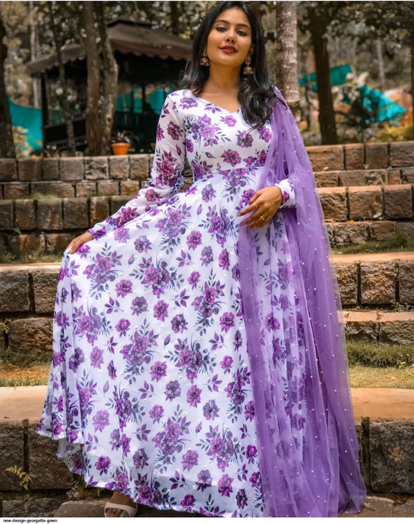 White and Purple Floral Printed Georgette Gown with Pearl Work Dupatta