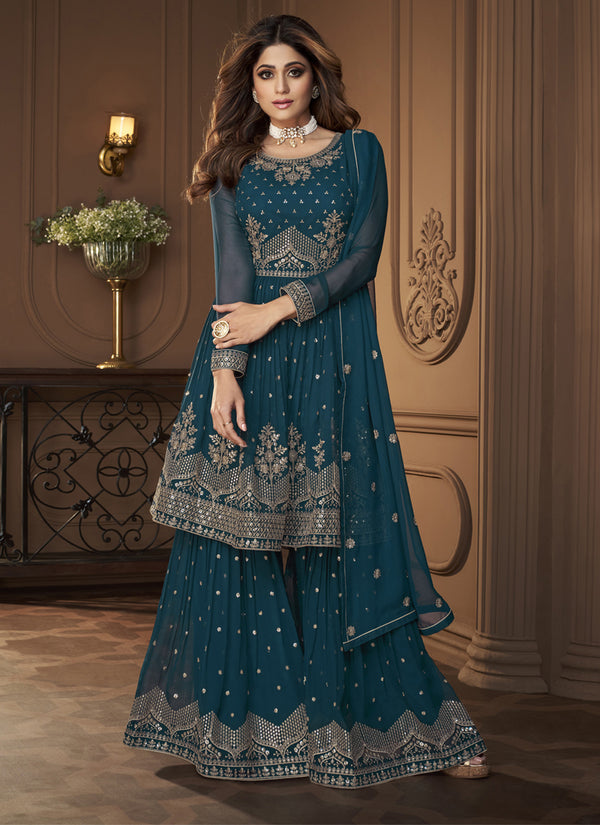 Stitched Shalwar Kameez Suits Pakistani Stitched Palazzo Dress For Women (Teal Blue)