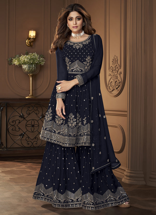 Stitched Shalwar Kameez Suits Pakistani Stitched Palazzo Dress For Women (Navy Blue)