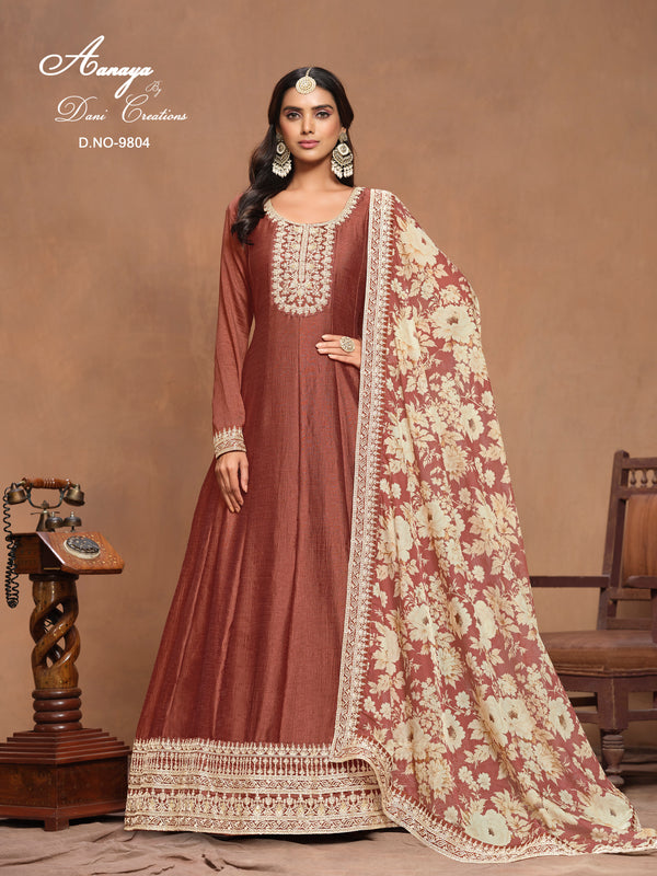 Premium Art Silk Gown with Organza Print Dupatta (AANAYA 9800 SERIES-BROWN)