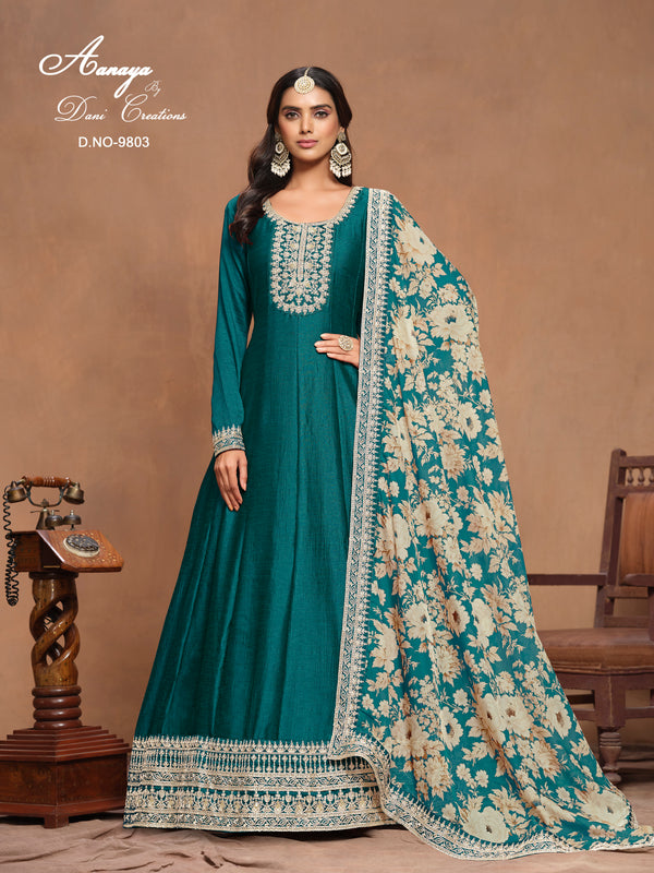 Premium Art Silk Gown with Organza Print Dupatta (AANAYA 9800 SERIES-Green)