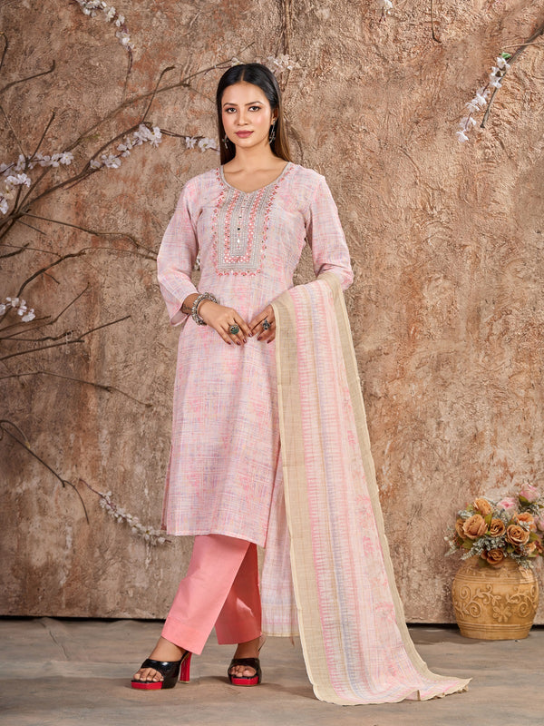 Exquisite Pink Trouser Pant Suit with Resham, Zari & Floral Print – Ready to Wear-K-9020