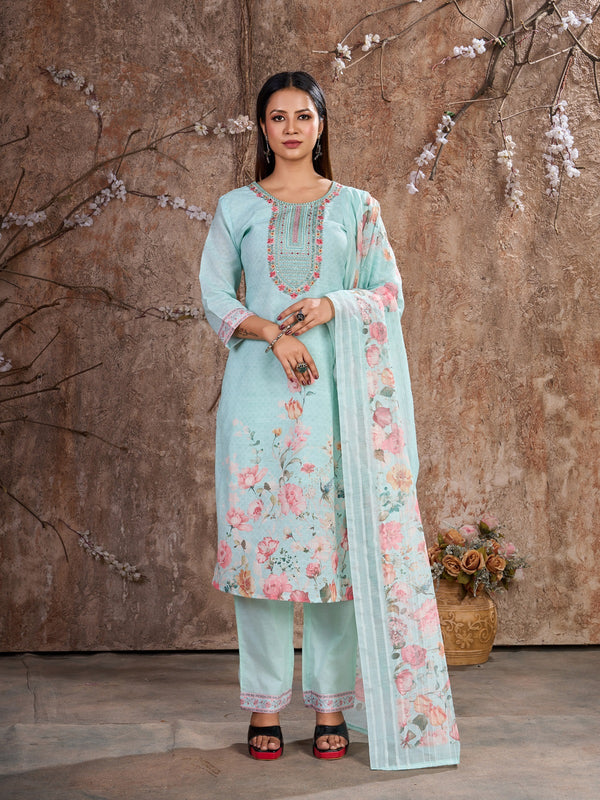 Exquisite Sky Blue Trouser Pant Suit with Resham, Zari & Floral Print – Ready to Wear-K-9021