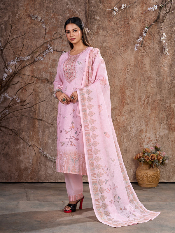 Exquisite Pink Trouser Pant Suit with Resham, Zari & Floral Print – Ready to Wear-K-9022