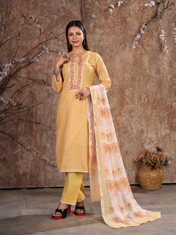 Exquisite Yellow Trouser Pant Suit with Resham, Zari & Floral Print – Ready to Wear-K-9023