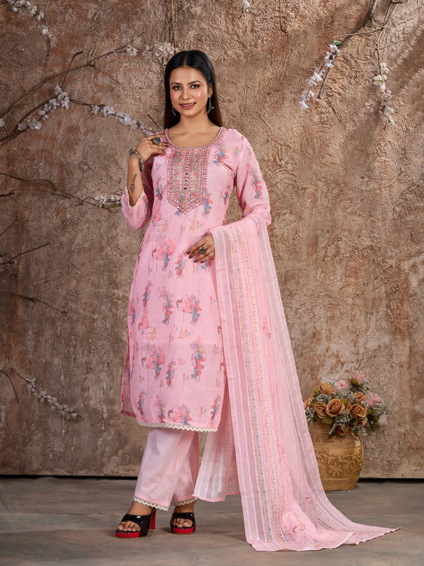 Exquisite Pink Trouser Pant Suit with Resham, Zari & Floral Print – Ready to Wear-K-9024