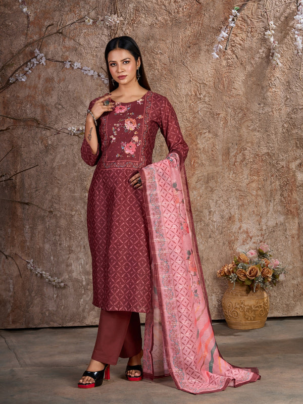 Exquisite Maroon Trouser Pant Suit with Floral Print & Sequins – Ready to Wear-K-9025