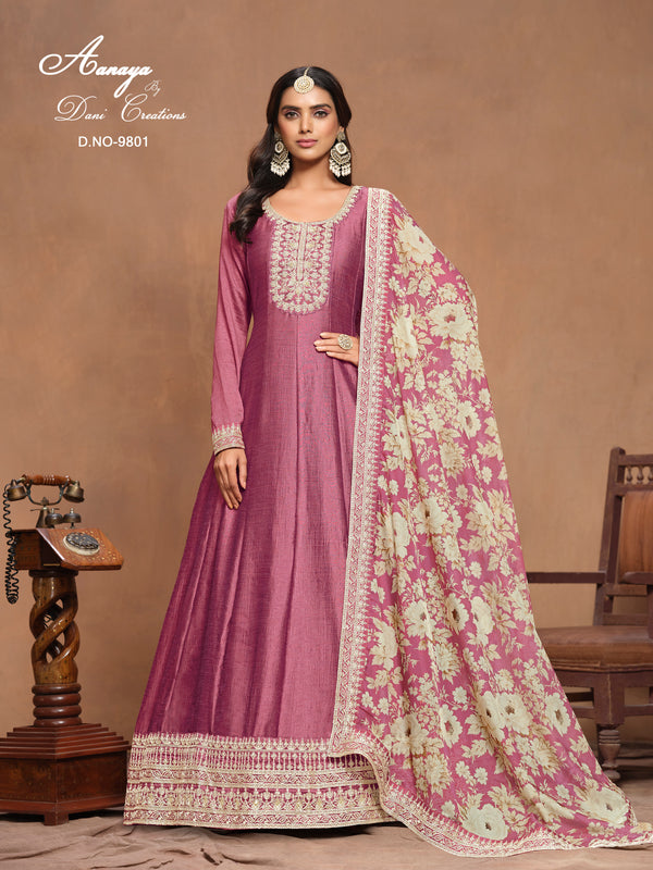 Premium Art Silk Gown with Organza Print Dupatta (AANAYA 9800 SERIES-Pink)