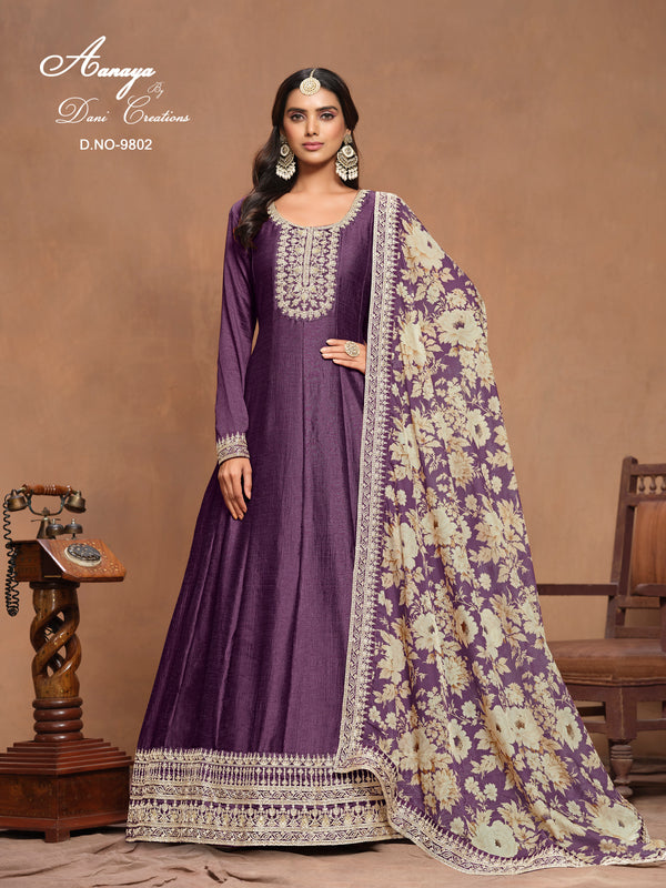 Premium Art Silk Gown with Organza Print Dupatta (AANAYA 9800 SERIES-Purple)