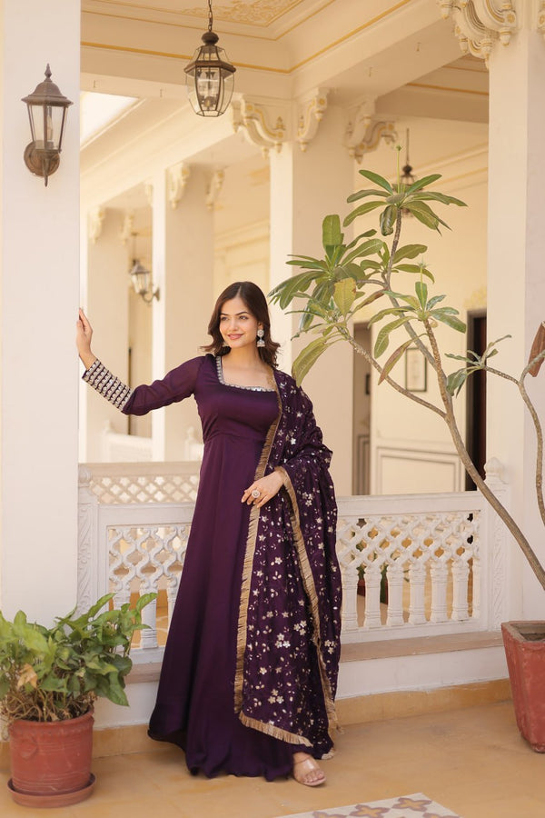 Elegant Vichitra Silk Purple Gown with Embroidery Zari Sequins Work and Designer Dupatta